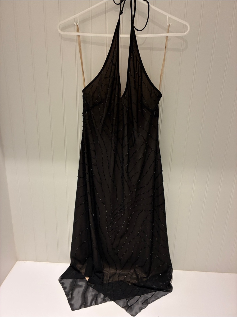 BCBGMaxAzria Black Beaded Backless Halter Dress